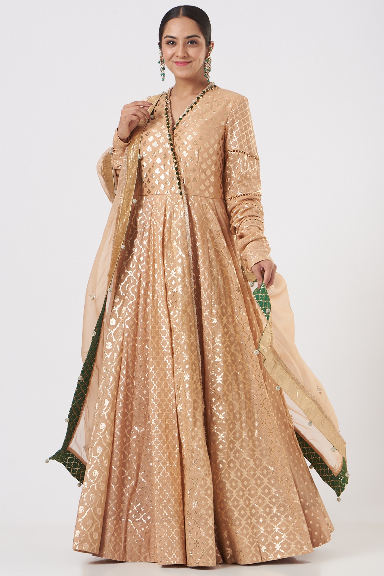 Shop Online Peach and Pink Floorlength Chanderi Banarasi Anarkali Suit –  Pure Elegance